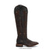 Brown leather boot with intricate designs on a white background