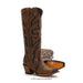 Brown cowboy boot with intricate design on a white background