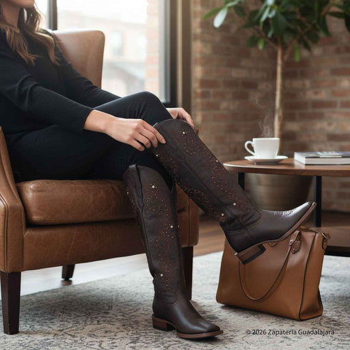 Person wearing brown knee-high boots sitting on a brown leather chair with a coffee cup and handbag in the background.