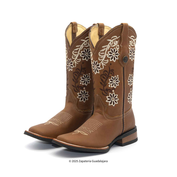 Tang Embroidered Wide Square Toe Leather Boot-ZG012