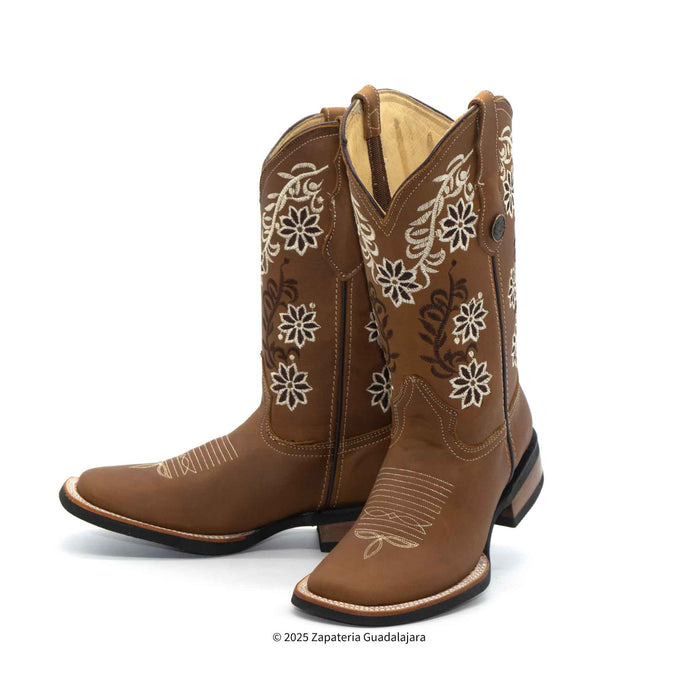 Tang Embroidered Wide Square Toe Leather Boot-ZG012