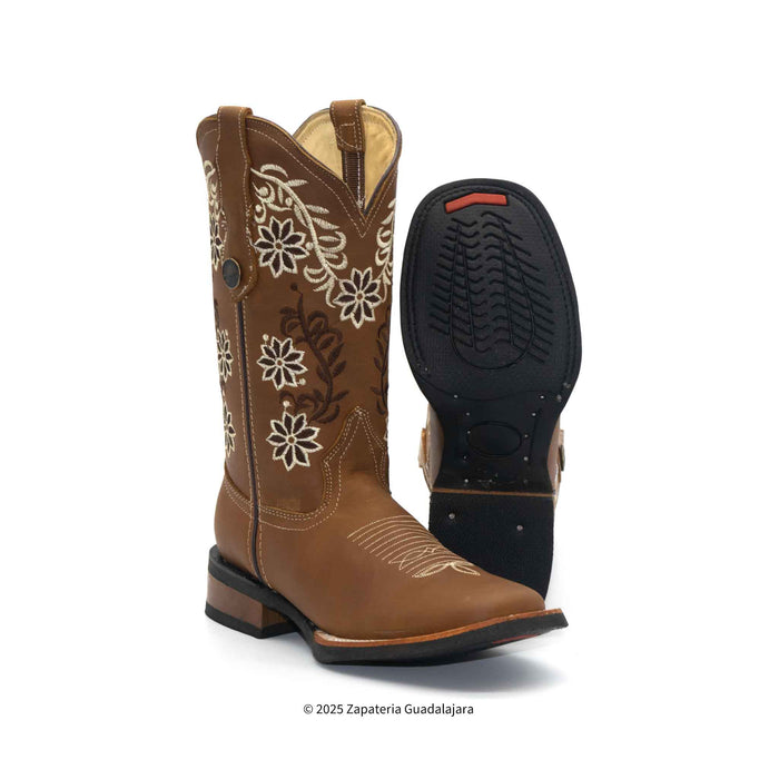 Tang Embroidered Wide Square Toe Leather Boot-ZG012