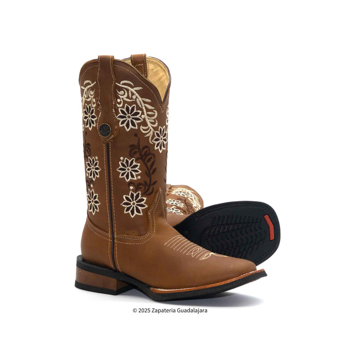 Tang Embroidered Wide Square Toe Leather Boot-ZG012