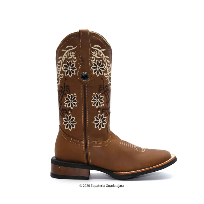 Tang Embroidered Wide Square Toe Leather Boot-ZG012