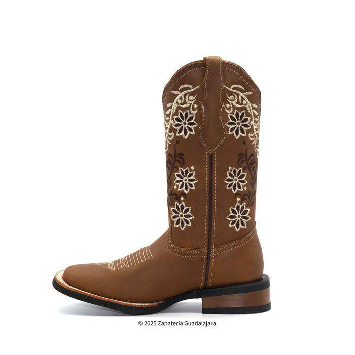 Tang Embroidered Wide Square Toe Leather Boot-ZG012