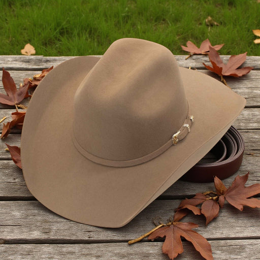 Brown cowboy hat with a belt on a wooden surface with autumn leaves