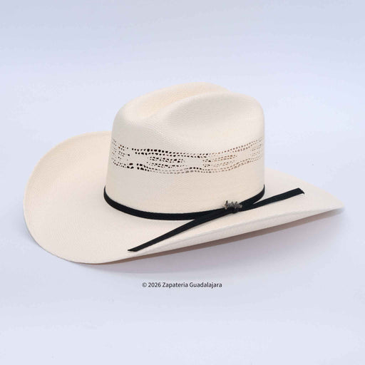 Beige cowboy hat with a black band on a light gray background