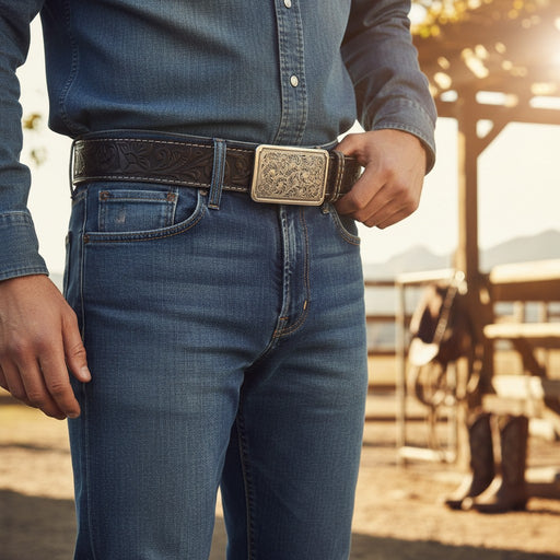 Person wearing blue jeans with a decorative belt buckle in an outdoor setting.