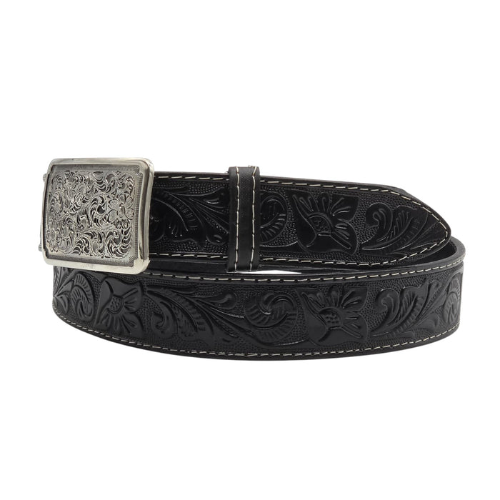 Black leather belt with intricate patterns and a silver buckle on a white background