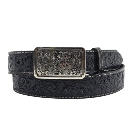 Black leather belt with intricate silver buckle on a white background