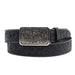 Black leather belt with intricate silver buckle on a white background
