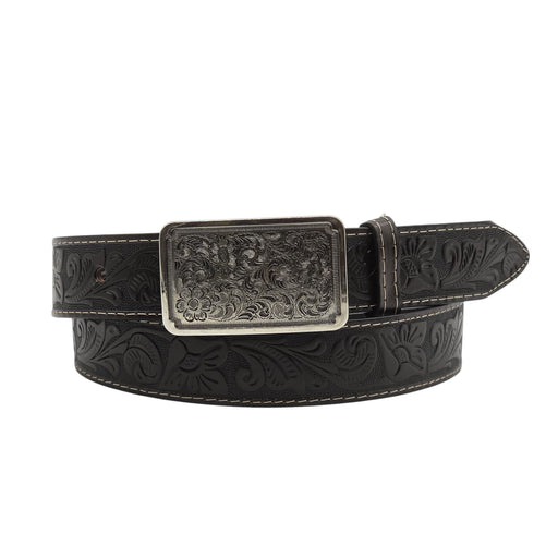 Black leather belt with floral embossing and silver buckle on a white background
