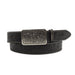 Black leather belt with floral embossing and silver buckle on a white background