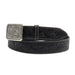 Black leather belt with intricate patterns and a silver buckle on a white background