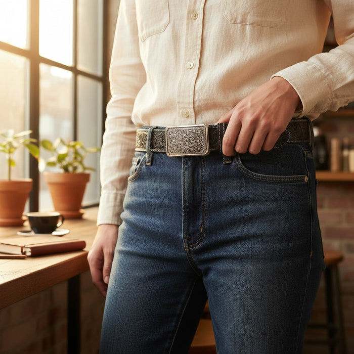 Person wearing a white shirt and blue jeans with a decorative belt, standing in a room with plants and a table.