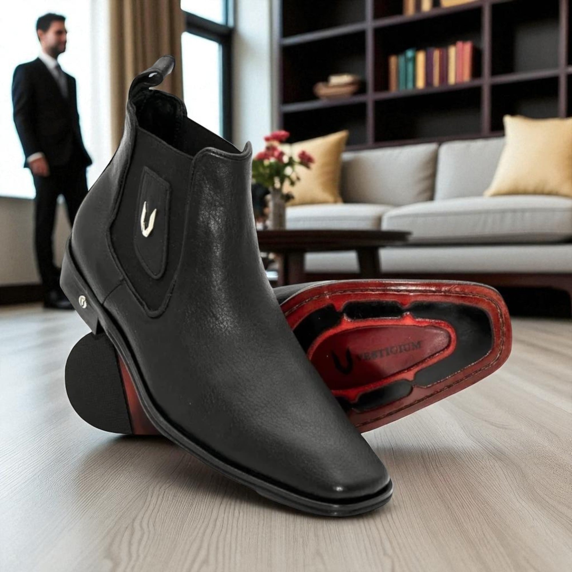 Men's Deer Chelsea Black Leather Boot-7BV015105 | Genuine Leather