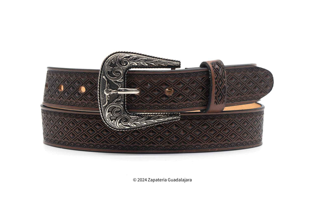 WESTERN 1.5" DIAMOND PRINT LEATHER BELT BROWN