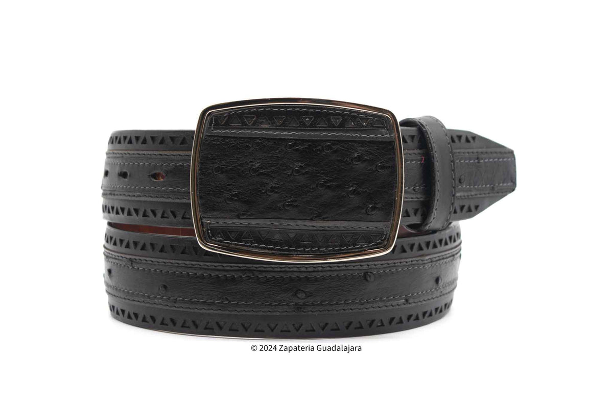 Ostrich Print (Imitation) Western Style Printed Leather Belt Black