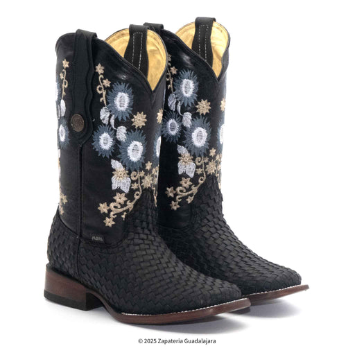 A pair of women's black leather boots with a square toe and embroidered details.