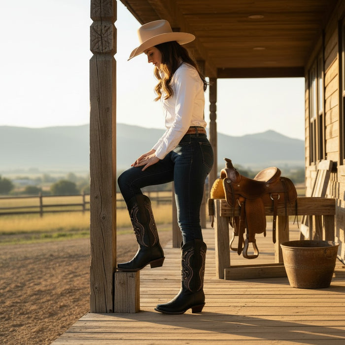 Woman in cowboy hat and boots standing on a wooden porch with a horse and saddle in the background.