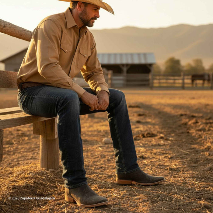 A man in a tan long-sleeve western shirt, dark blue jeans, and brown boots sits on a wooden bench in a sunlit outdoor ranch setting with mountains and a barn in the background.