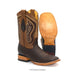 A pair of western cowboy boots in brown leather, showing one boot from the side with decorative stitching and the other from the sole side, on a white background.