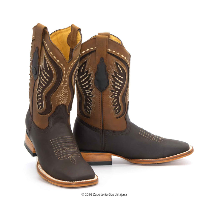 A pair of western cowboy boots in dark brown and tan leather with decorative stitching and wing-like embroidery on the shafts, shown on a white background.