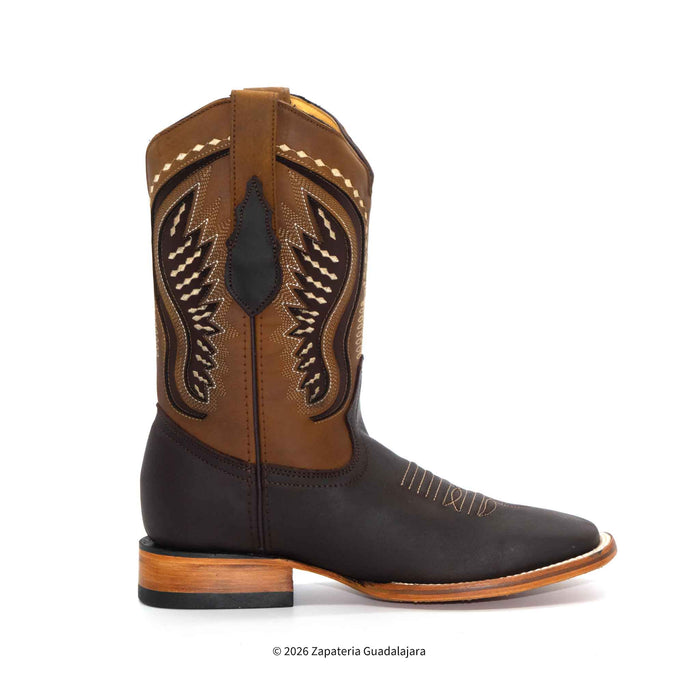 A single brown western cowboy boot shown in side profile on a white background, featuring a dark brown lower section, tan shaft, and decorative stitching.