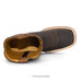 A single dark brown leather ankle boot shown from a top-down angle on a white background, featuring decorative stitching on the toe, a tan interior lining, and a light tan braided trim around the sole edge.