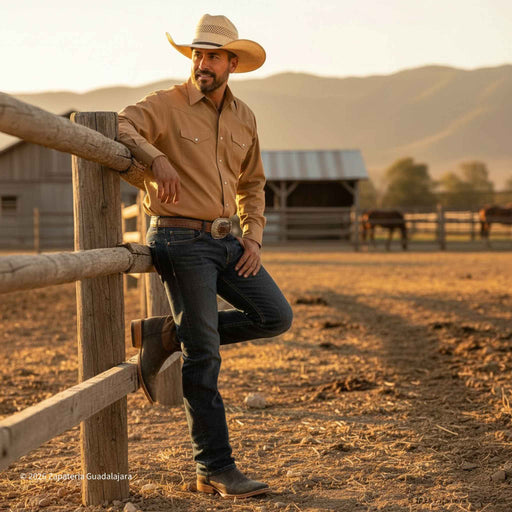 A man in a tan cowboy hat, tan long-sleeve button-up shirt, dark blue jeans, and brown boots leans against a wooden fence in a sunlit ranch paddock with mountains in the background.