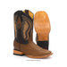 A pair of brown leather cowboy boots shown on a white background, with one boot standing upright to display the decorated shaft and the other lying on its side to show the tan outsole.