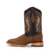 A brown leather cowboy boot with a black shaft, featuring western-style embroidery and stitching, shown from a side profile on a white background.