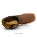 A single brown leather ankle boot shown from a side profile view on a white background, featuring decorative stitching on the vamp and a tan interior.