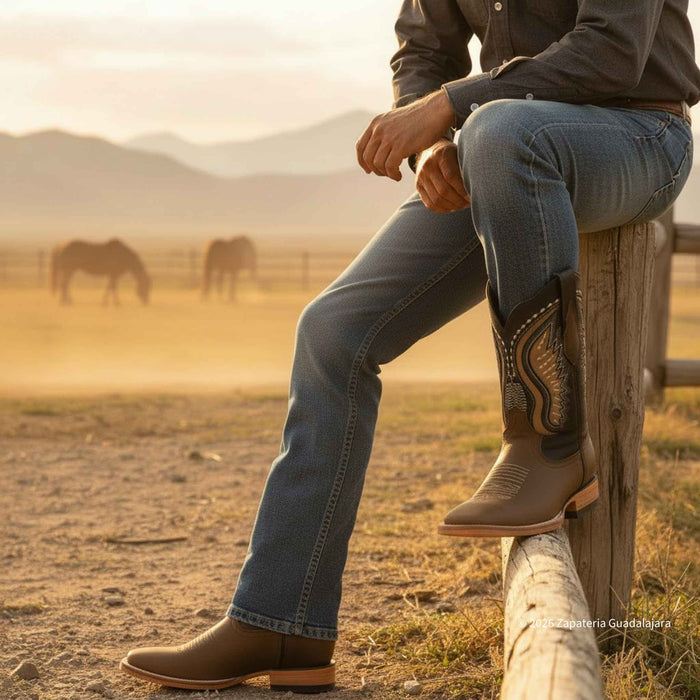 Wide Square Toe Crazy Tan Leather Cowboy Boots-0017 | Handcrafted 100% Leather