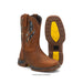 Brown cowboy boot with decorative stitching on a white background