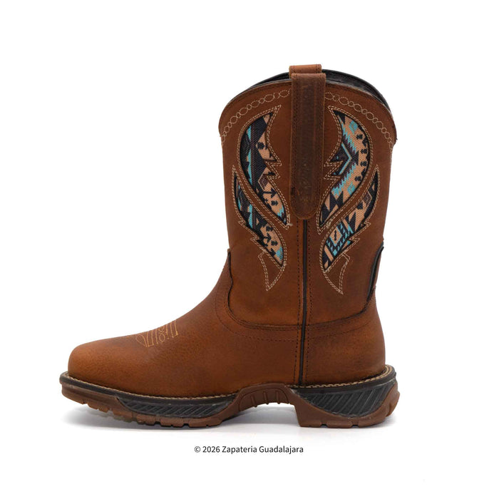 Brown cowboy boot with intricate stitching on a white background