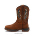 Brown cowboy boot with intricate stitching on a white background
