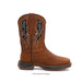 Brown cowboy boot with intricate stitching on a white background
