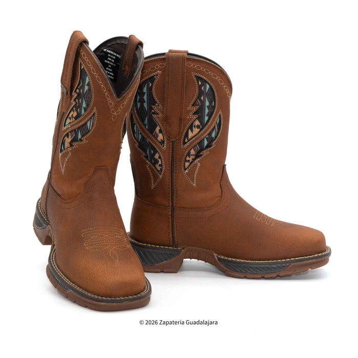 Pair of brown cowboy boots with intricate designs on a white background
