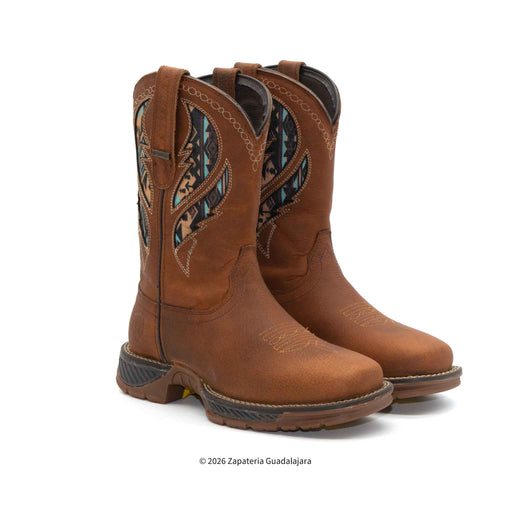Pair of brown cowboy boots with intricate stitching on a white background