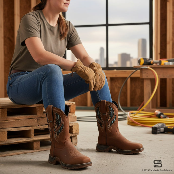 Person wearing brown work boots and gloves sitting on a wooden pallet with tools and a cityscape in the background.