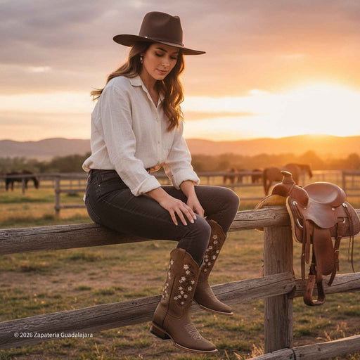 Woman in cowboy hat and boots sitting on a fence with a sunset in the background