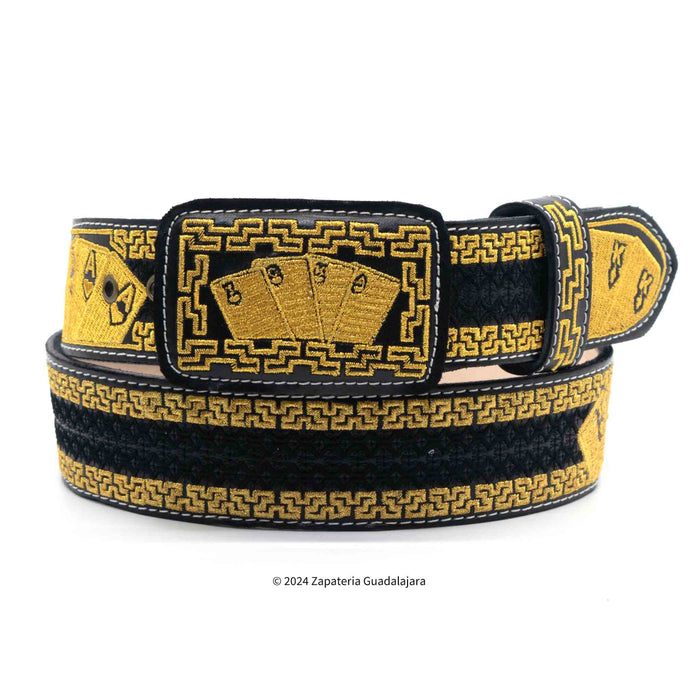 ZG011 EL NAIPES DE ORO MEN WESTERN 2" LASER AMBROIDERED LEATHER BELT CARDS BLACK GOLD