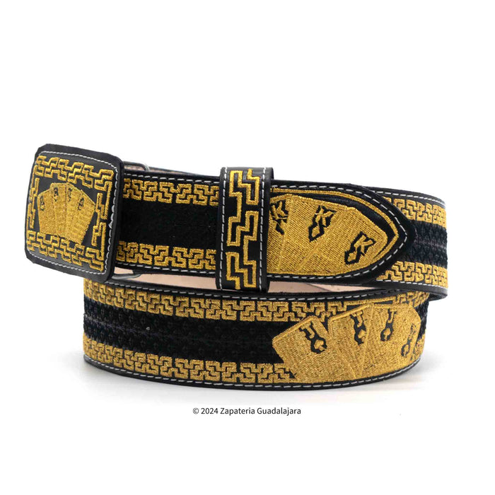 ZG011 EL NAIPES DE ORO MEN WESTERN 2" LASER AMBROIDERED LEATHER BELT CARDS BLACK GOLD