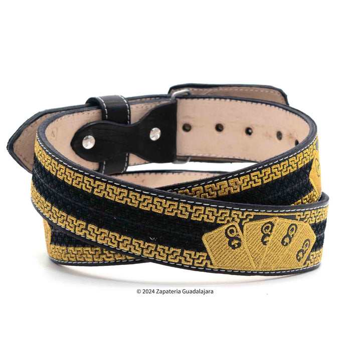 ZG011 EL NAIPES DE ORO MEN WESTERN 2" LASER AMBROIDERED LEATHER BELT CARDS BLACK GOLD