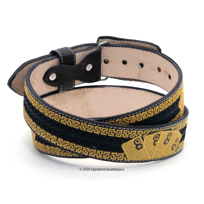 ZG011 EL NAIPES DE ORO MEN WESTERN 2" LASER AMBROIDERED LEATHER BELT CARDS BLACK GOLD