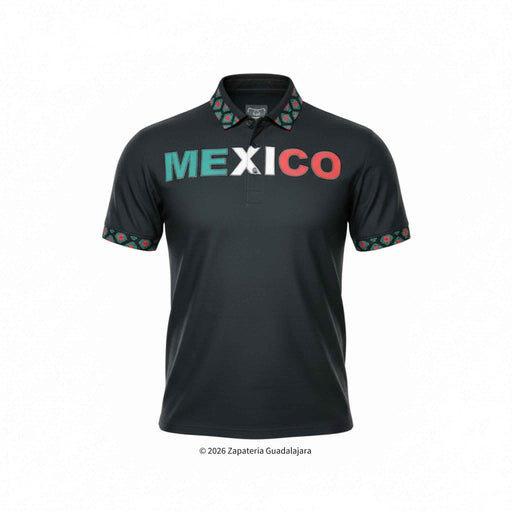 Black polo shirt with 'MEXICO' printed on it against a white background