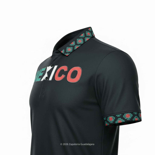 Black polo shirt with 'MEXICO' text and decorative patterns on a white background