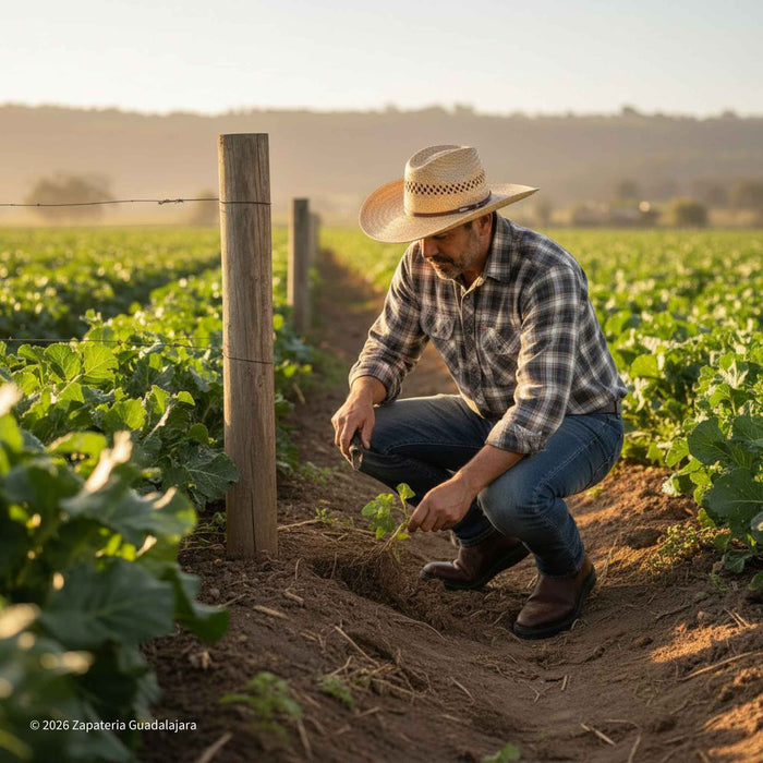 Man in a plaid shirt and cowboy hat tending to plants in a field.