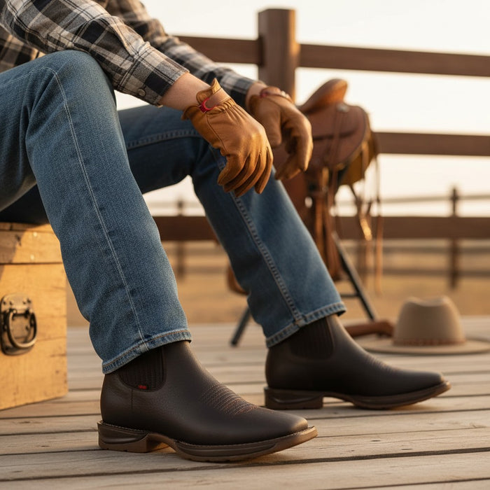 Zapateria Guadalajara men's dark brown leather square toe boots with rubber sole and pull tabs.